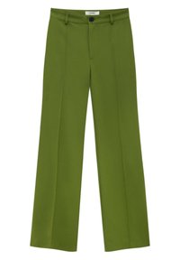 Groene wijde broeken gemaakt van gladde stof, met een knoopsluiting en twee voorzakken met gestikte details.