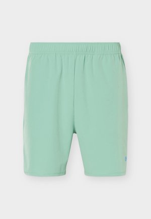 Shorts verts clairs à taille élastique avec un petit logo près de l'ourlet sur la jambe droite, présentés sur un fond blanc uni.