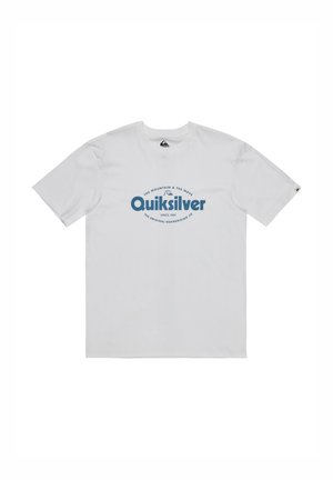 White cotton t-shirt with short sleeves, featuring a central blue graphic that reads "Quiksilver" and additional text in curved layout.