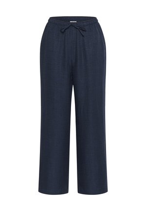 Pantalons légers, amples, de couleur bleu marine, avec une taille élastique et un cordon de serrage. Texture lisse, design à jambes droites.