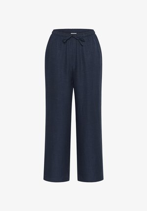Pantaloni leggeri di colore blu navy, comodi e dal fit morbido, con cintura elastica e cordoncino. Tessuto liscio, design a gamba dritta.