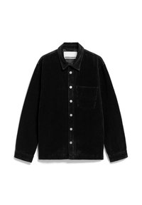Zwarte corduroy blouse met een knoopsluiting aan de voorkant, een kraag, lange mouwen en een enkele borstzak. Voorzien van zichtbare zilveren knopen en een gestructureerde stof.