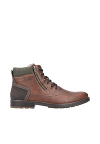Braunes Leder-Ankle-Boot mit grauem Stoffkragen, seitlichem Reißverschluss und schwarzen Schnürsenkeln. Verfügt über ein strukturiertes, dunkelbraunes Akzentpaneel und eine Gummisohle.