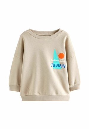Beige Sweatshirt mit rundem Halsausschnitt, überschnittener Schulter und gerippten Bündchen. Mit einem grafischen Design von einer Sonne, Wellen und dem Text "Endless Seas".