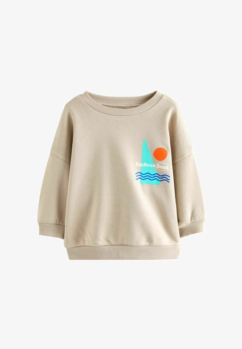Sweat-shirt beige à manches longues avec poignets et ourlet côtelés, avec un petit motif de vagues, un soleil et le texte "Endless Seas" sur la poitrine.