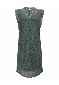 Grünes Spitzenkleid mit aufwendigen Blumenmustern, gewellten Kanten und einem Reißverschluss hinten. Rüschensleeves runden das Design ab.