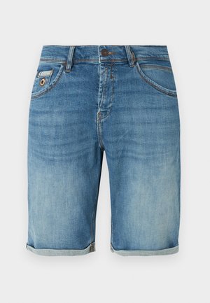 Blaue Jeansshorts mit umgeschlagenen Säumen, vorderer Knopfleiste, Reißverschluss und fünf Taschen, darunter eine kleine Münztasche mit Metallösen.