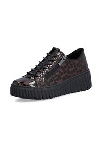 Baskets plateforme noires avec semelle texturée, motif reptile brun foncé brillant, fermeture à lacets à l'avant et détail de fermeture éclair latérale.