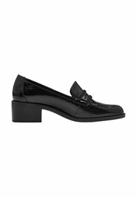Mocassino in pelle laminata nera con tacco basso a blocco, dettagli cuciti sulla tomaia e design superiore elegante. Texture liscia in tutto il modello.