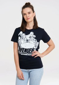 Navy blue cotton t-shirt featuring a comic-style Avengers graphic in white, displaying characters around a central shield design.