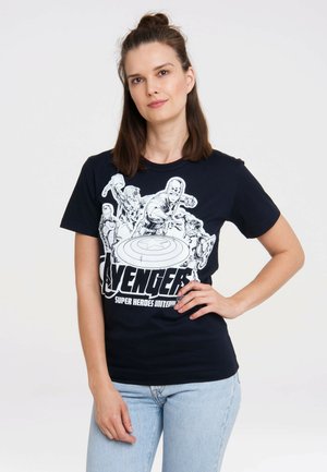 Navy blue cotton t-shirt featuring a comic-style Avengers graphic in white, displaying characters around a central shield design.