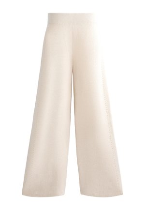 Pantaloni largi dintr-un material moale și texturat, având o nuanță neutră de bej, cu un brâu elastic și cusături curate.