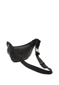 Czarna torebka na ramię z ekoskóry z wzorem krokodyla, o zaokrąglonym kształcie, z regulowanym paskiem z logo "LIEBESKIND". Akcenty z srebrnego metalu.