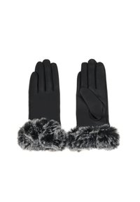 Crne kožne rukavice s umetnim krznom na manžeti. Rukavice imaju glatku teksturu i prilagođen dizajn s pet prstiju i palcem.