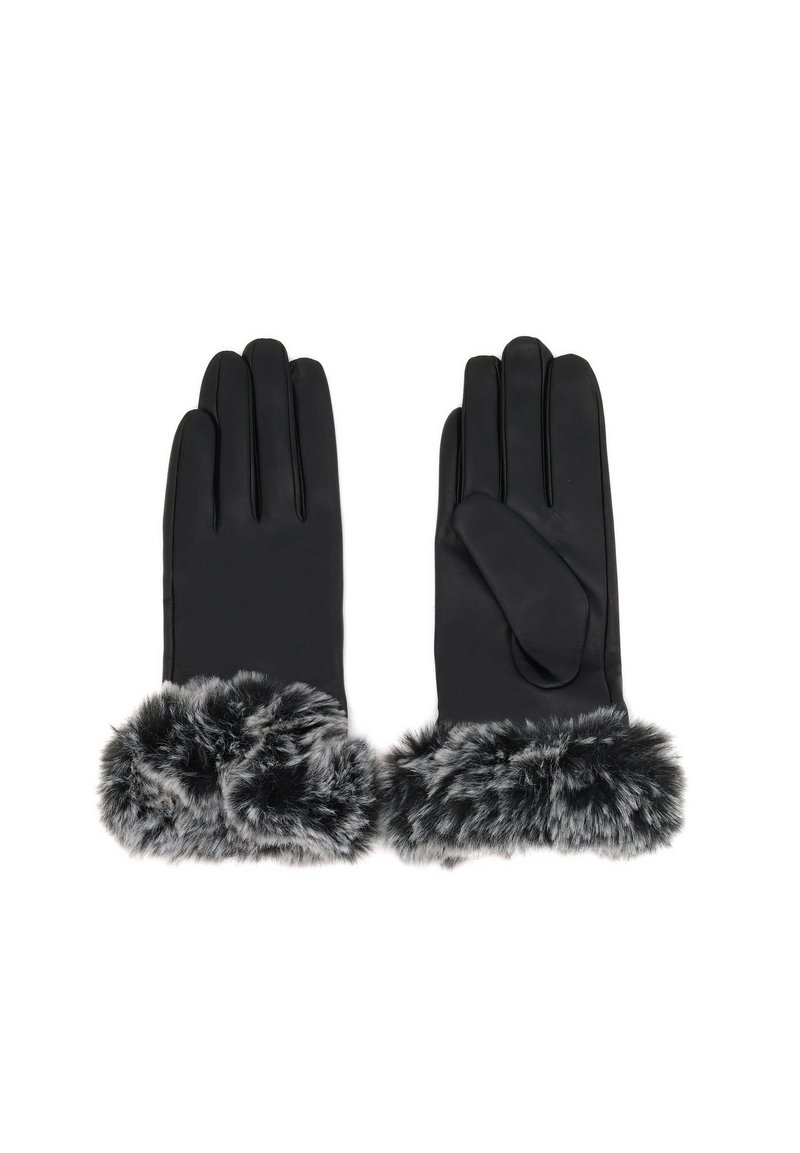 Crne kožne rukavice s umetnim krznom na manžeti. Rukavice imaju glatku teksturu i prilagođen dizajn s pet prstiju i palcem.