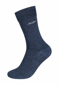 Mørkeblå sok lavet af et blødt, struktureret materiale. Har en ribbet manchet og trykt logo nær toppen. Standard crew længde.