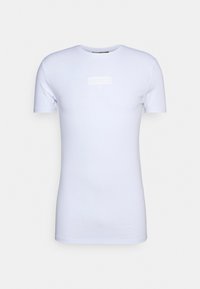 Slim-fit plain white short-sleeve t-shirt with a round neckline and subtle embossed logo on the chest.