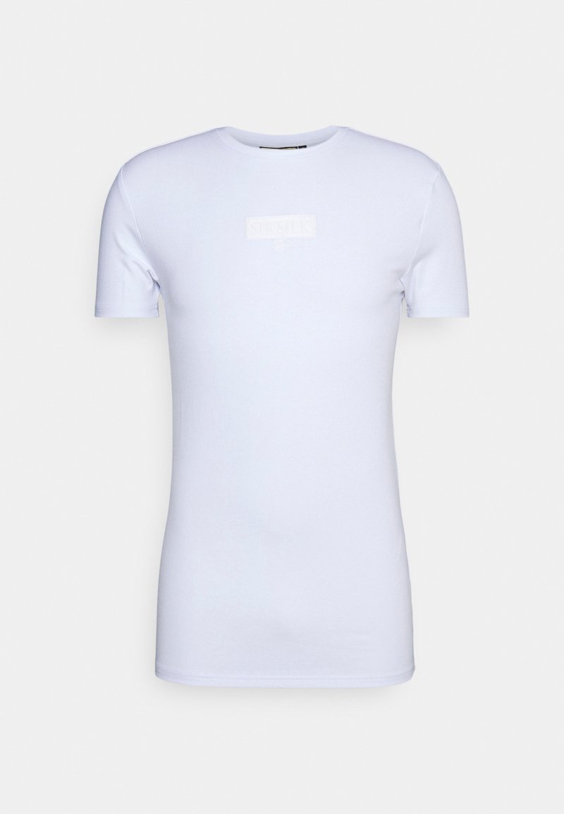Slim-fit plain white short-sleeve t-shirt with a round neckline and subtle embossed logo on the chest.