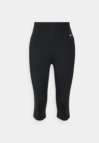 Leggings capri negros hechos de material elástico, con una cintura alta y un sutil logo en el lado izquierdo. Textura suave, sin estampados.