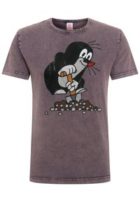 Purple cotton t-shirt featuring a cartoon mole digging with a shovel graphic. Short sleeves and a crew neck, with a distressed texture.