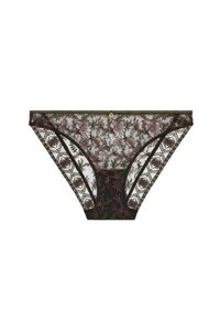 Culotte bikini noire en dentelle transparente avec broderie florale en vert olive et bordeaux, et un petit charme doré au centre de la taille.