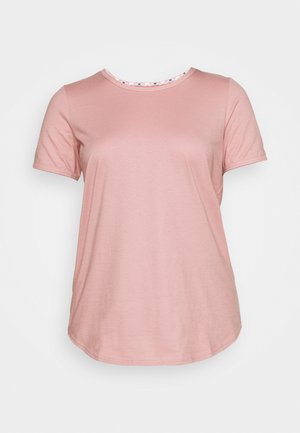 T-shirt a maniche corte rosa chiaro con scollatura rotonda e colletto interno a fantasia. Tessuto morbido e liscio, orlo leggermente curvato.