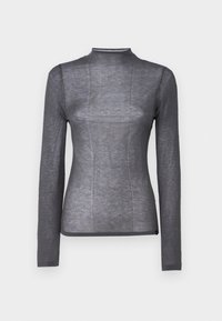 Haut à manches longues avec col montant en texture côtelée gris foncé, présentant une coupe ajustée avec des détails de coutures subtiles et un ourlet qui repose au-dessus des hanches.