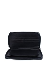 Black zip wallet with multiple card slots, a spacious center compartment, and smooth leather texture. Zipper runs along the top edge.