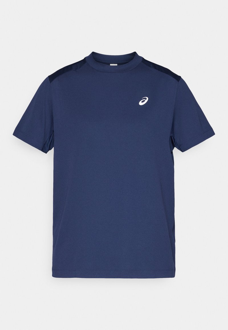 Marineblaue Kurzarm-T-Shirt mit Rundhalsausschnitt, das eine glatte Textur aufweist und ein weißes Logo auf der oberen linken Brust hat.