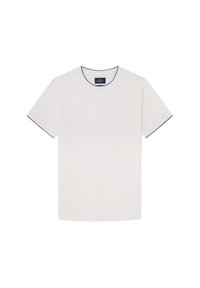 T-shirt in cotone color avorio con scollo rotondo e maniche corte. Presenta piping blu navy lungo il colletto e i bordi delle maniche.
