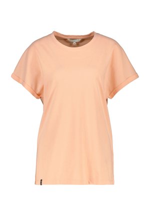 Short-sleeve peach-colored cotton t-shirt with rolled cuffs and a round neckline, shown on a white background.