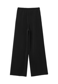Schwarze weit geschnittene Hosen aus weichem Stoff mit elastischem Bund, die eine glatte Oberfläche haben und keine sichtbaren Verzierungen aufweisen.