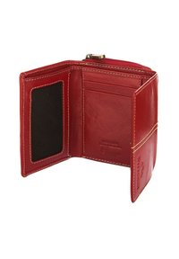 Red leather wallet featuring multiple card slots, a zippered compartment, and textured interior. Notable stitching details enhance design.