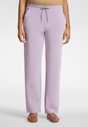Pantaloni viola chiaro con design a gamba dritta, vita elastica, chiusura con coulisse e tasche laterali. Tessuto liscio.