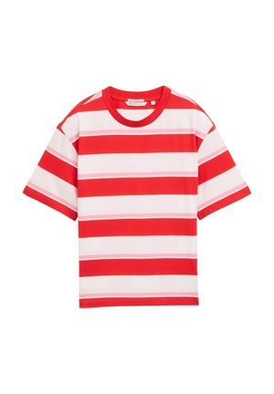 Red and white striped T-shirt with short sleeves, round neck, featuring horizontal stripes in varying widths, adding subtle texture.