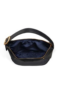 Black leather handbag with a textured exterior, gold zipper, and a navy satin interior; features a wide opening and a curved strap.