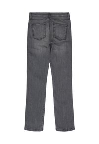 Jeans de mezclilla grises con corte recto. Presenta dos bolsillos traseros y una cinturilla sencilla. Ligera decoloración en toda la tela.