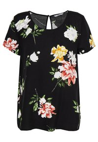 Top corto nero a maniche corte decorato con fiori bianchi, gialli e rosa, accompagnati da foglie verdi. Tessuto testurizzato e dettaglio sul retro aperto.