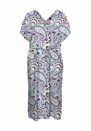 Rochie midi bleu deschis cu decolteu în V, cu imprimeu abstract floral și paisley în nuanțe de maro, crem și galben pal, mâneci lejere și curea de prindere în talie.