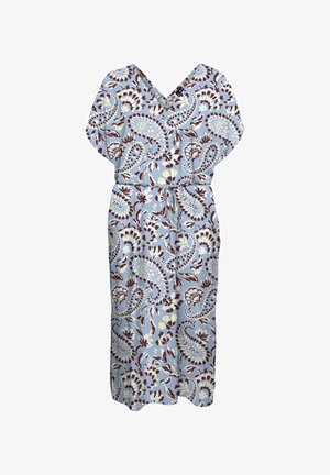 Lichtblauwe midi-jurk met V-hals, met een abstracte bloemen- en paisleyprint in bruin, crème en lichtgeel, met losse mouwen en een tailleceintuur.