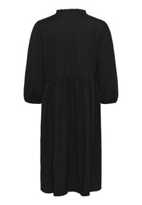Black dress with a rounded neckline, short puff sleeves, and gathered waist. Made of lightweight fabric, featuring a flowing A-line silhouette.