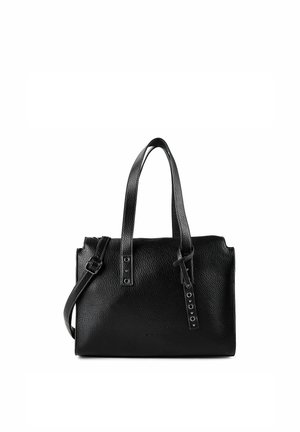 Sac à main en cuir noir texturé avec deux poignées supérieures, bandoulière réglable et détail de boucle décorative à l'avant.