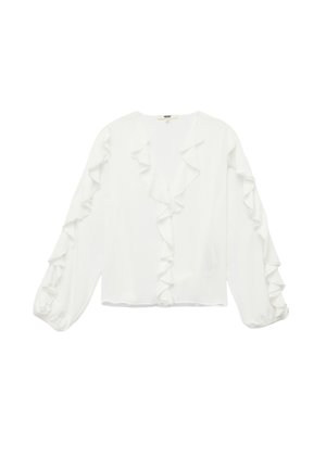 Blusa blanca de manga larga con detalles de volantes en el escote y las mangas. Tela suave con un corte relajado y ligera transparencia.