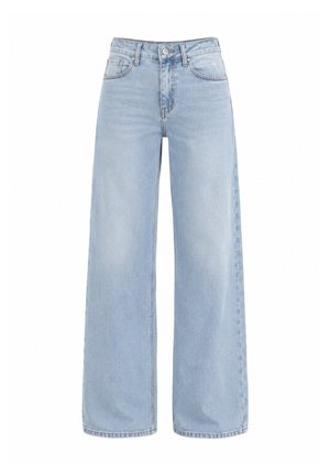 Jeans azzurri chiaro a vita alta e gamba larga con bottone e cerniera frontale, tasche davanti e dietro e passanti per cintura.