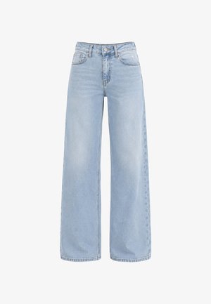 Light blue high-waist wide-leg jeans with front button and zipper, front and back pockets, and belt loops.