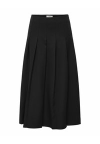 Jupe midi plissée noire avec taille haute et forme trapèze, avec des coutures verticales discrètes et une étiquette à la taille.