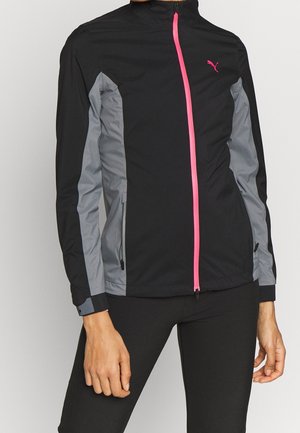Black athletic jacket with gray side panels and a bright pink zipper. Features zippered pockets and a high collar. Lightweight material.