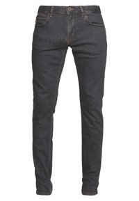 Dark blue denim jeans with a slim fit, featuring five pockets, front button closure, and contrasting orange stitching details.