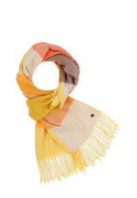 Mehrfarbiger Schal mit Streifen in Orange, Gelb und Beige. Hergestellt aus weichem Stoff, mit fransigen Kanten und einem kleinen schwarzen Akzent.