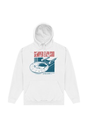 Sweat à capuche blanc avec graphisme de vaisseau spatial, texte rouge « SEMPER EXPLORO » et texte plus petit « Pour aller hardiment là où personne n'est allé auparavant. »